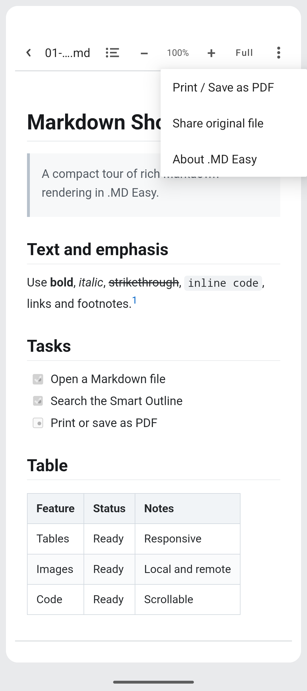 Print, share and About actions