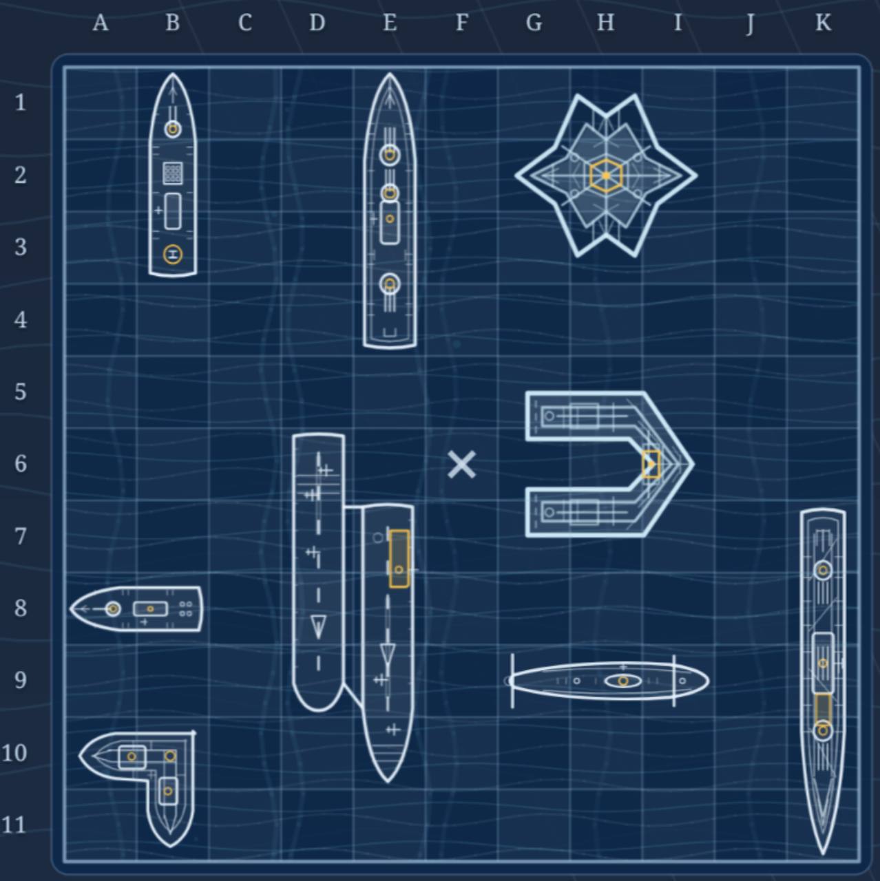 Ships of War fleet placement board with blueprint ship shapes
