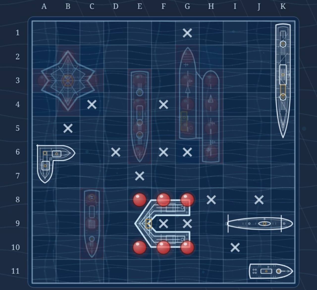 Ships of War battle board with hits, misses and blueprint ships